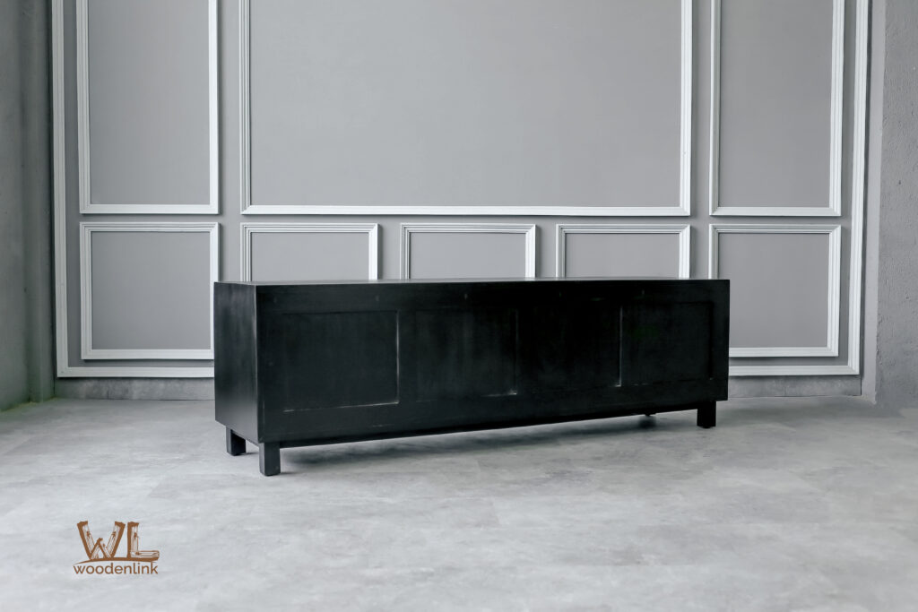 Wood, Sleek Black Sideboard with four doors, Rattan black doors, Solid black cabinet, Woodenlink, Cali Console -04 mahogany wood
