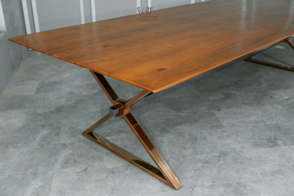 Wood, Metal Base dining table, Solid wooden tabletop with brown finish, 10 Seater dining table, Woodenlink, Hanks Dining Table -02 tak wood