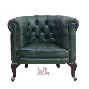 Wood, Green leather chair with studded arms, Chair for vintage living room, stylish green leather chair, classic chair with green leather, woodenlink, Kurt Chair