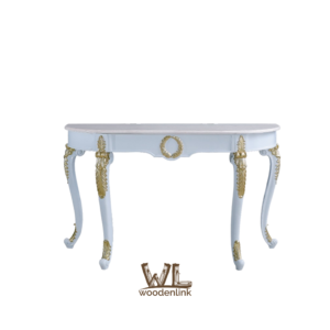 Wood, Marble top table, white color table with gold accents, table with intricate designs, foyer table for the house, Sleek table for living room, Woodenlink, Rey Foyer Table