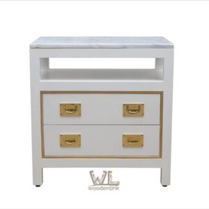 Wood, Nightstand with gold accent, Marble nightstand, stylish nightstand with gold handle, elegant white finish, Woodenlink, Cynthia Side Table