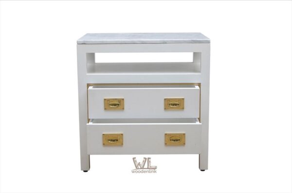 Wood, Nightstand with gold accent, Marble nightstand, stylish nightstand with gold handle, elegant white finish, Woodenlink, Cynthia Side Table -02