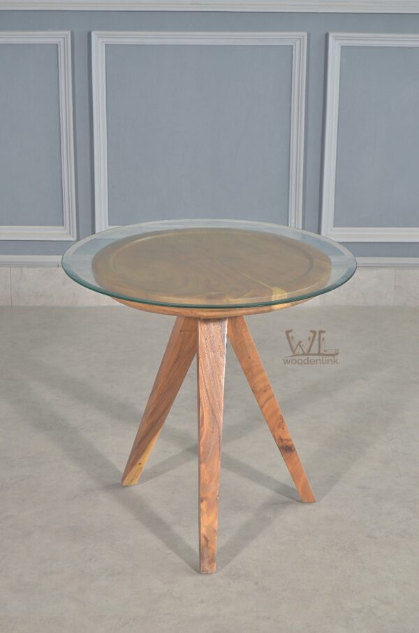 Wood, Round glass table with wooden legs, interior design, contemporary look, Woodenlink, Darma Side Table -03