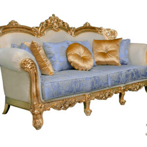 Wood, Sofa for classic interior, sofa with carving, sofa with gold finish, Sofa with blue fabric and gold finish, Jepara production, Woodenlink, Garner Sofa