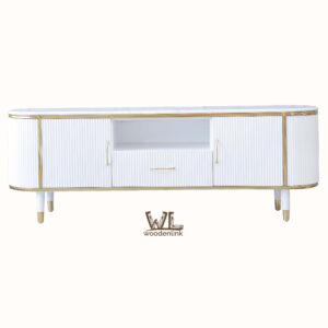 Wood, White credenza with gold trim and drawers, elegant white sideboard with gold detailing, stylish sideboard, Credenza for TV unit, Woodenlink, Jannik Credenza
